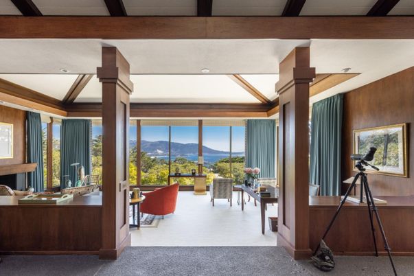 Fireplace, Home Office, Interior, Recessed Lighting, Wooden Beams