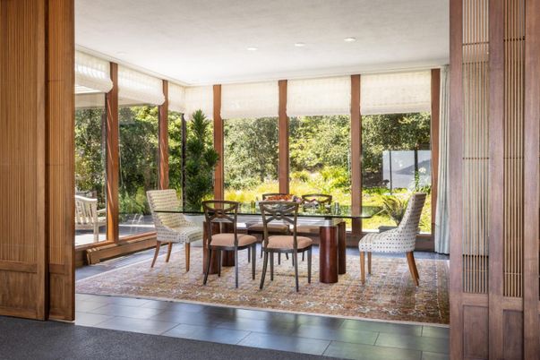 Dining room, Interior, Recessed Lighting, Sun Room, Wood Texture Flooring