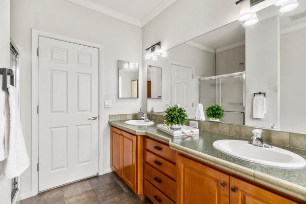 Bathroom, Dual Sink Vanities, Glass Shower, Interior, Tile Countertops
