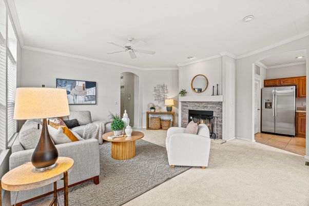 Fireplace, Interior, Kitchen, Living room, Recessed Lighting, Stainless Steel Appliances