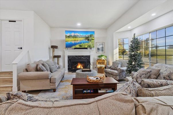 Fireplace, Interior, Living room, Recessed Lighting, Wood Texture Flooring