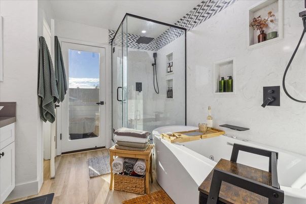 Bathroom, Glass Shower, Interior, Recessed Lighting, Wood Texture Flooring