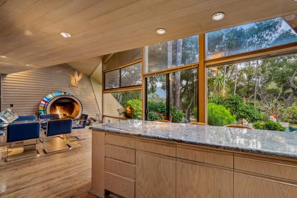 Dining room, Fireplace, Interior, Living room, Recessed Lighting, Stone Walls, Wooden Ceilings, Wood Texture Flooring