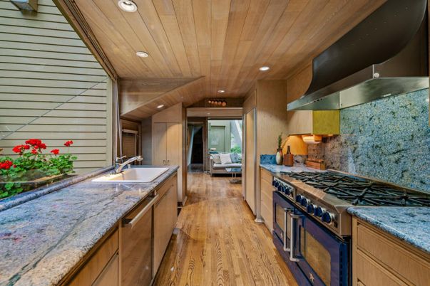 Interior, Kitchen, Living room, Recessed Lighting, Stainless Steel Appliances, Wooden Ceilings, Wood Texture Flooring