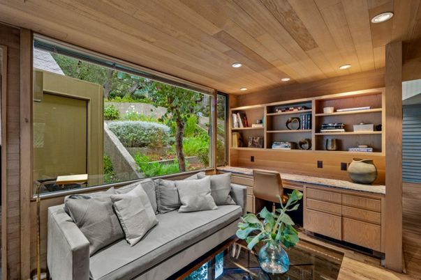 Home Office, Interior, Living room, Recessed Lighting, Wooden Ceilings, Wood Texture Flooring