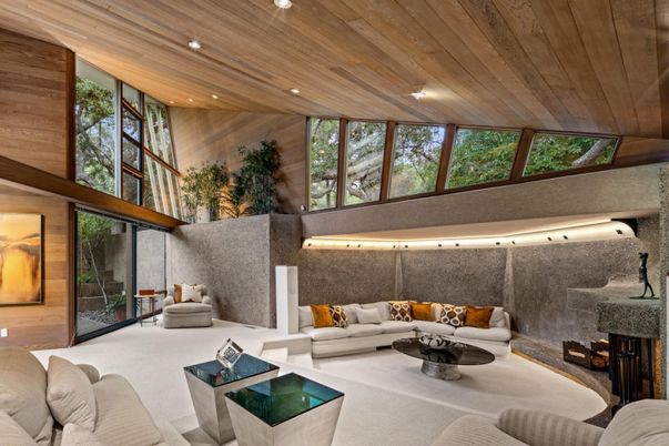Fireplace, Interior, Living room, Recessed Lighting, Wooden Ceilings, Wooden Walls
