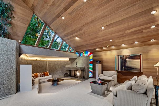 Fireplace, Interior, Living room, Recessed Lighting, Wooden Ceilings, Wooden Walls