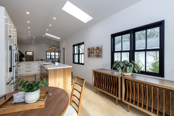 Dining room, Interior, Kitchen, Pendant Lights, Recessed Lighting, Wood Texture Flooring