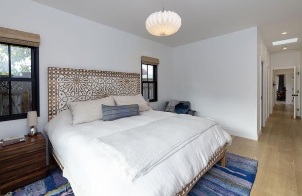 Bedroom, Interior, Pendant Lights, Recessed Lighting, Wood Texture Flooring