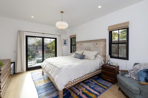 Bedroom, Interior, Pendant Lights, Recessed Lighting, Wood Texture Flooring