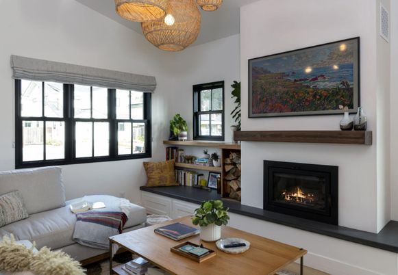 Fireplace, Interior, Living room, Pendant Lights