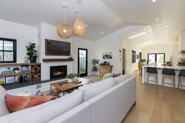 Fireplace, Interior, Kitchen, Living room, Pendant Lights, Recessed Lighting, Wood Texture Flooring