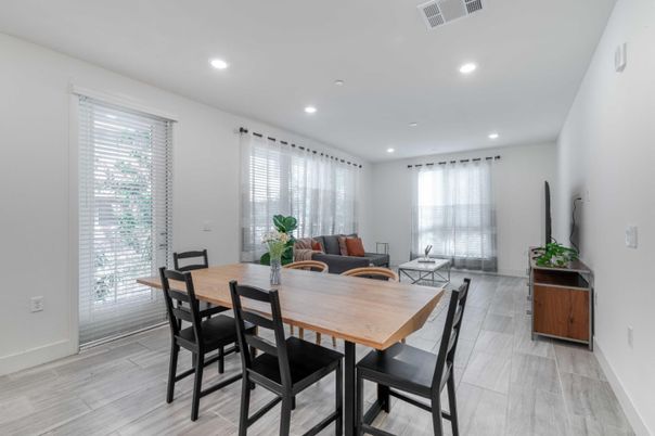 Dining room, Interior, Recessed Lighting, Wood Texture Flooring