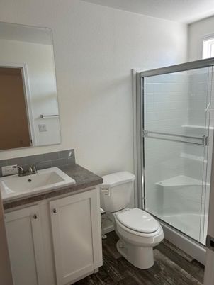 Bathroom, Glass Shower, Interior, Wood Texture Flooring