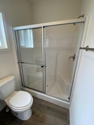 Bathroom, Glass Shower, Interior, Wood Texture Flooring