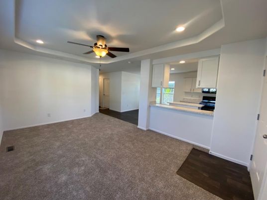 Empty room, Interior, Kitchen, Recessed Lighting, Wood Texture Flooring