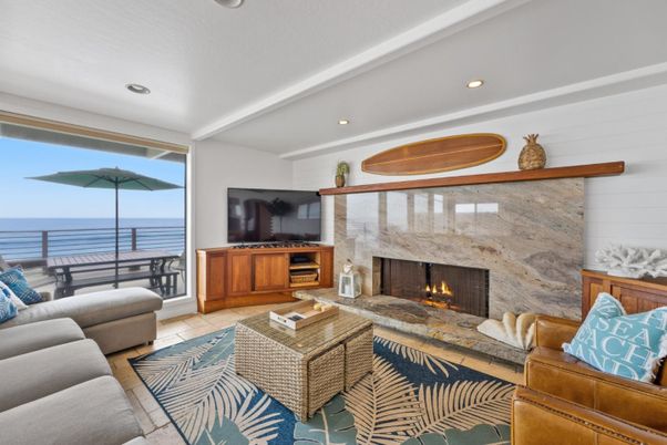 Fireplace, Interior, Living room, Recessed Lighting, Stone Walls, Water
