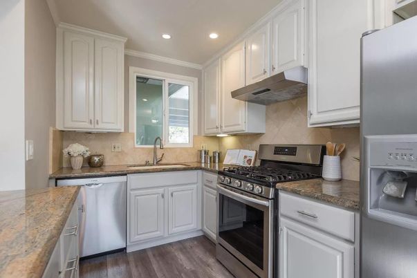 Interior, Kitchen, Recessed Lighting, Stainless Steel Appliances, Wood Texture Flooring
