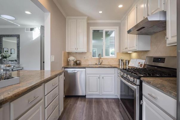 Interior, Kitchen, Recessed Lighting, Stainless Steel Appliances, Wood Texture Flooring