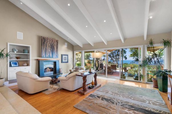 Fireplace, Interior, Living room, Recessed Lighting, Water, Wood Texture Flooring