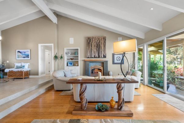 Bedroom, Fireplace, Interior, Recessed Lighting, Wood Texture Flooring