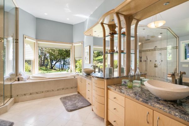Bathroom, Dual Sink Vanities, Glass Shower, Interior, Pendant Lights, Recessed Lighting