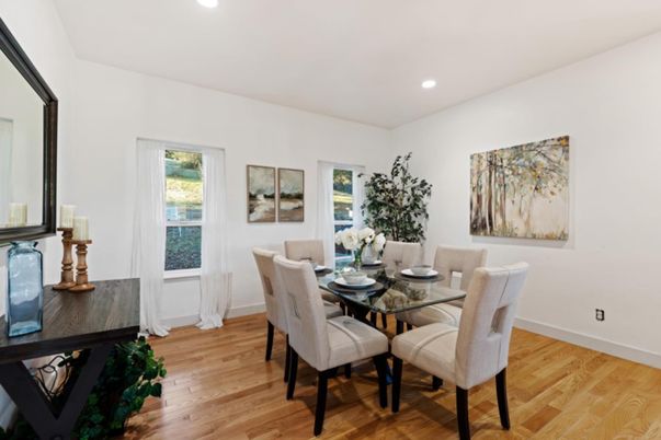 Dining room, Interior, Recessed Lighting, Wood Texture Flooring
