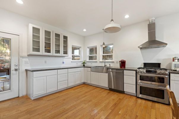 Interior, Kitchen, Pendant Lights, Recessed Lighting, Stainless Steel Appliances, Wood Texture Flooring