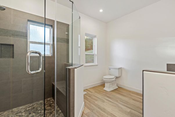 Bathroom, Glass Shower, Interior, Recessed Lighting, Wood Texture Flooring