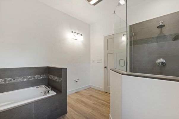 Bathroom, Glass Shower, Interior, Wood Texture Flooring