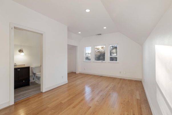 Bathroom, Empty room, Interior, Recessed Lighting, Wood Texture Flooring