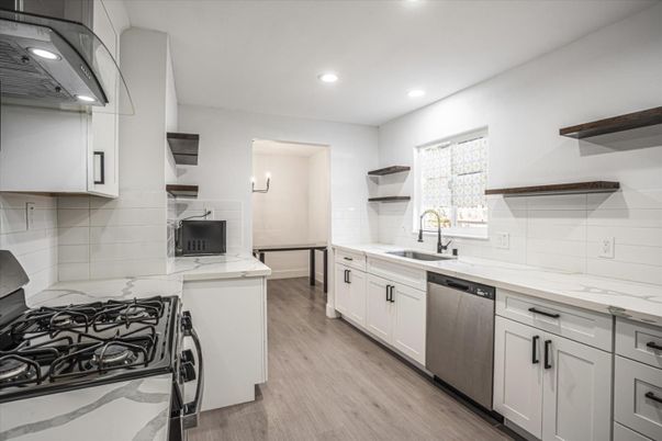 Interior, Kitchen, Recessed Lighting, Stainless Steel Appliances, Wood Texture Flooring