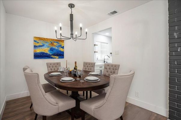 Chandelier, Dining room, Interior, Wood Texture Flooring