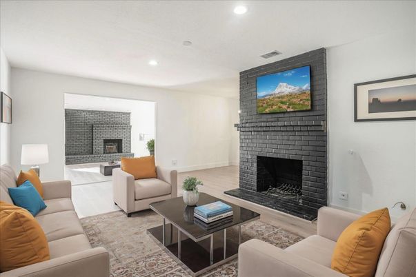 Fireplace, Interior, Living room, Recessed Lighting, Wood Texture Flooring