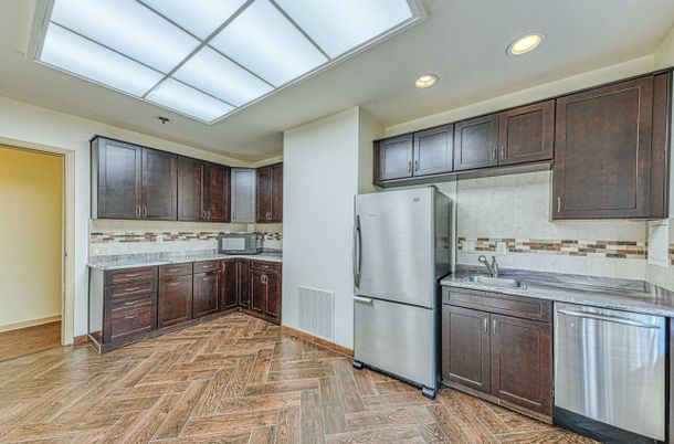 Interior, Kitchen, Recessed Lighting, Stainless Steel Appliances, Wood Texture Flooring