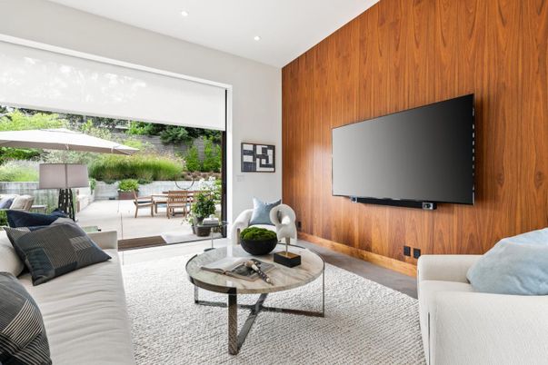 Interior, Living room, Recessed Lighting, Wooden Walls