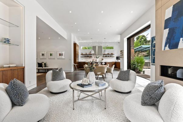 Dining room, Fireplace, Interior, Kitchen, Living room, Pendant Lights, Recessed Lighting, Stainless Steel Appliances, Wood Texture Flooring