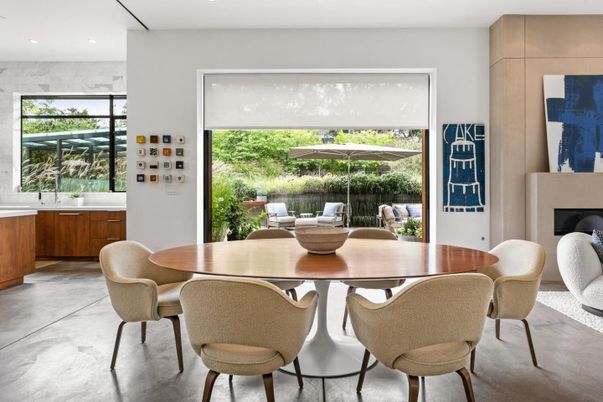 Dining room, Fireplace, Interior, Marble, Recessed Lighting