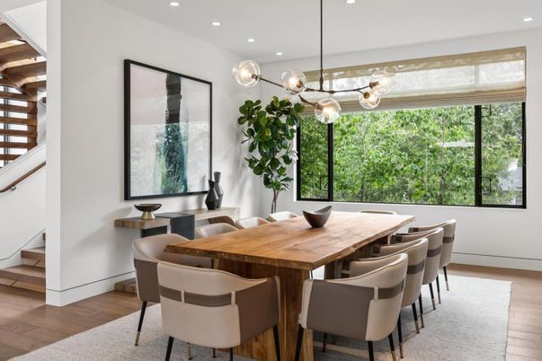 Dining room, Interior, Pendant Lights, Recessed Lighting, Wood Texture Flooring