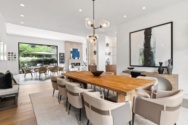 Dining room, Interior, Pendant Lights, Recessed Lighting, Wood Texture Flooring