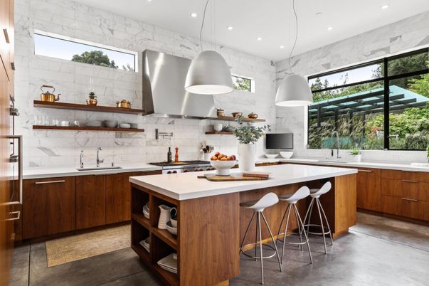 Interior, Kitchen, Marble Walls, Pendant Lights, Recessed Lighting