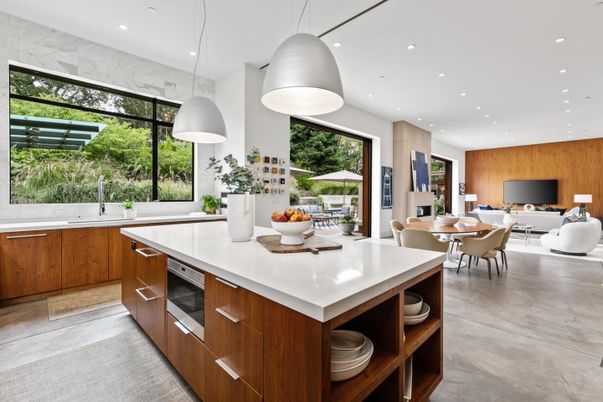 Dining room, Interior, Kitchen, Living room, Pendant Lights, Recessed Lighting, Wooden Walls