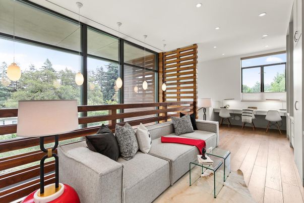 Dining room, Interior, Living room, Pendant Lights, Recessed Lighting, Wood Texture Flooring