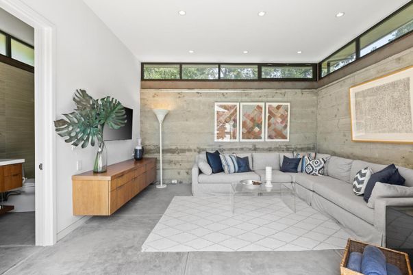 Interior, Living room, Recessed Lighting, Stone Walls