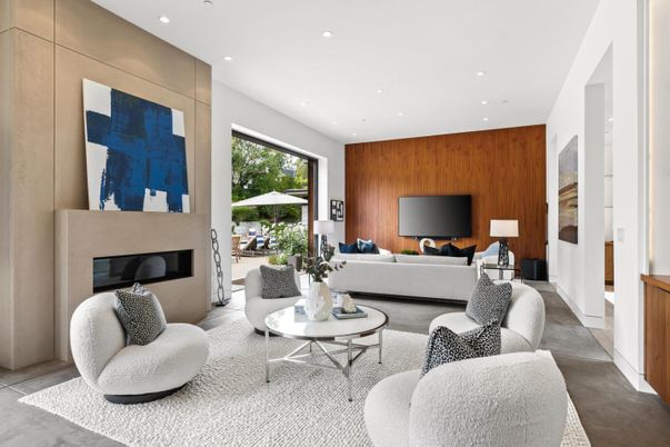 Fireplace, Interior, Living room, Recessed Lighting, Wooden Walls
