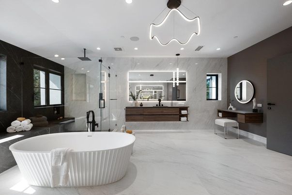 Bathroom, Dual Sink Vanities, Free Standing Baths, Glass Shower, Interior, Marble, Marble Walls, Pendant Lights, Recessed Lighting