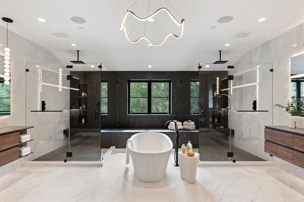 Bathroom, Free Standing Baths, Glass Shower, Interior, Marble, Marble Walls, Pendant Lights, Recessed Lighting