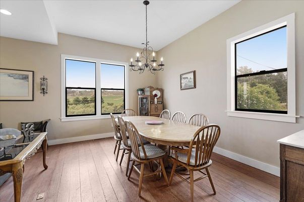 Chandelier, Dining room, Interior, Recessed Lighting, Wood Texture Flooring