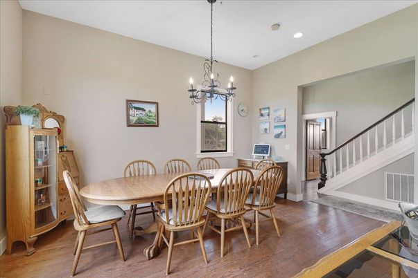 Chandelier, Dining room, Interior, Recessed Lighting, Wood Texture Flooring