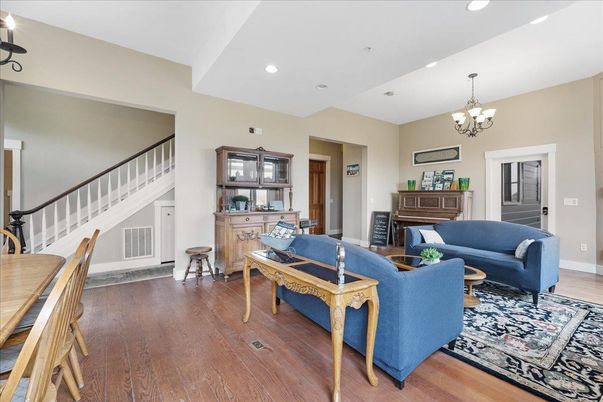Chandelier, Interior, Living room, Recessed Lighting, Wood Texture Flooring